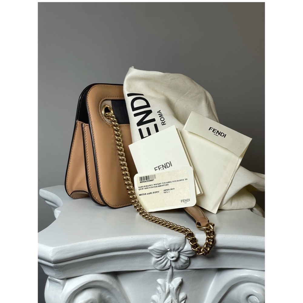 Fendi Tan and Brown Striped Shoulder Bag with Gold Chain - Picture 7 of 8